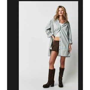 Free People Vanessa DressWomens Small Blue Denim Tunic Smocked Boho Pocke
